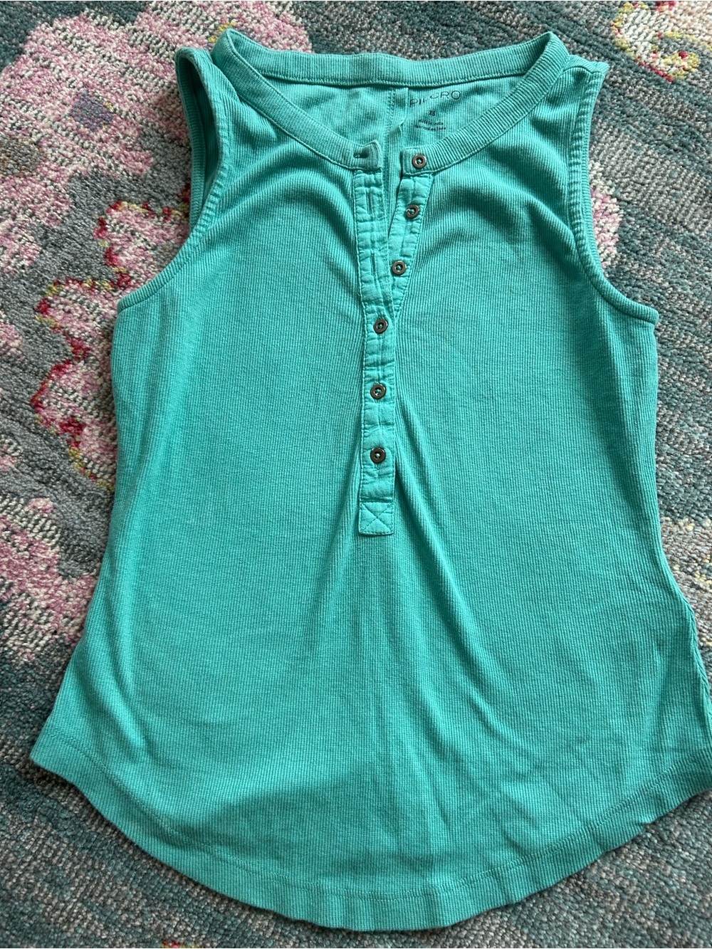 Pilcro Sleeveless Henley Ribbed Tank Top in Teal - Picture 3 of 6